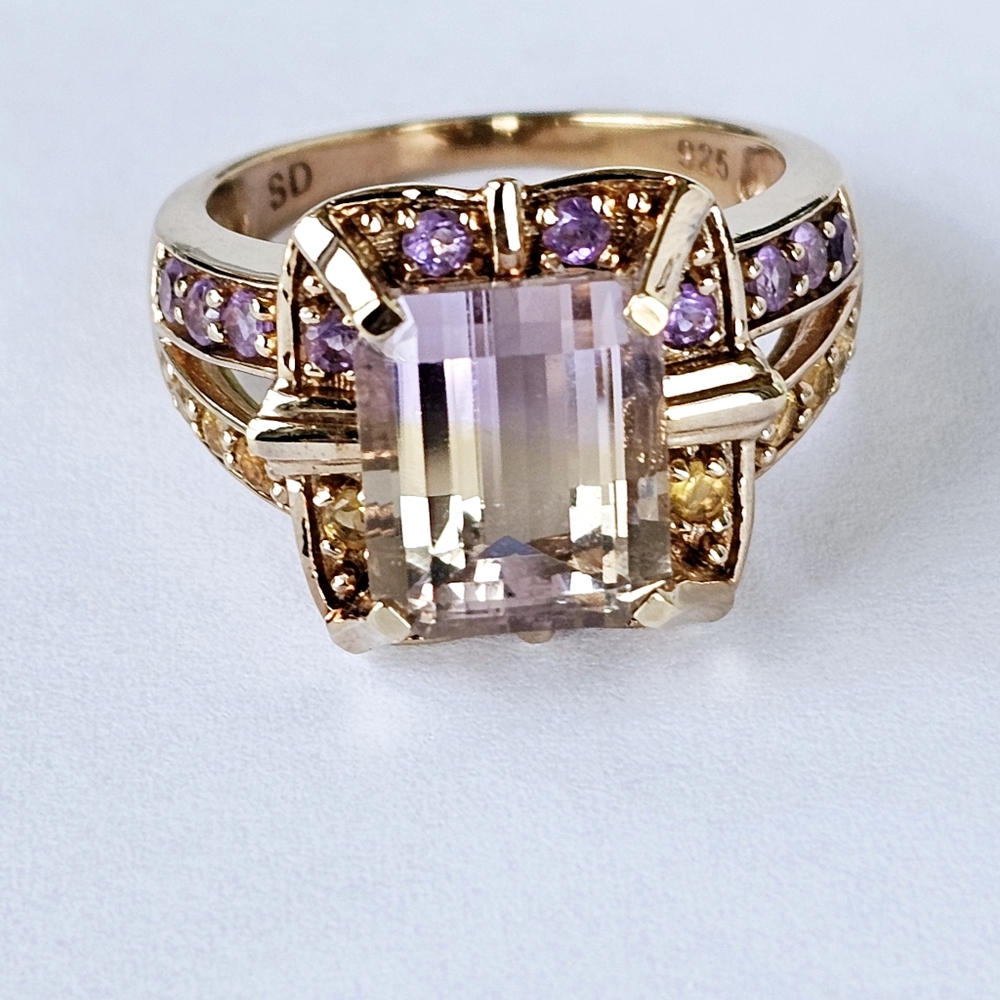 Genuine Ametrine, Citrine, & Amethyst Ring in 18k Rose Gold/Sterling Silver Sz 8